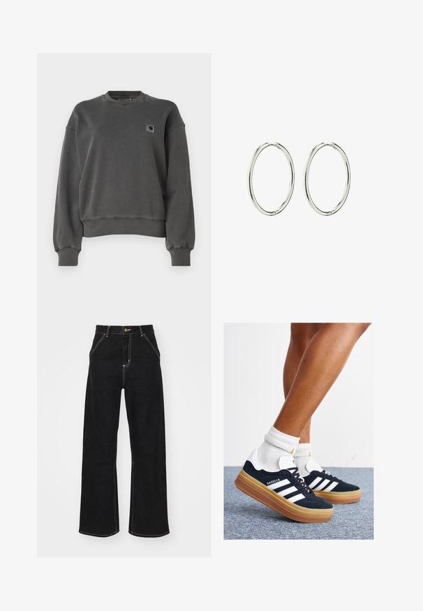 Carhartt WIP NELSON ciemnoszary; Czarne dżinsy o szerokich nogawkach, wykonane z denimu, z kontrastowym białym szwem i zapięciem na guzik z przodu, posiadające dwie ukośne kieszenie z przodu.; Czarne zamszowe trampki z białymi paskami i akcentami, zaokrąglonym noskiem, gumową podeszwą w kolorze jasno-brązowym, zestawione z białymi żebrowanymi skarpetkami do kostki.; Srebrne kolczyki w formie kółek z gładkim, polerowanym wykończeniem. Okrągły kształt, lekkie wykonanie, z bezpiecznym mechanizmem zapięcia.