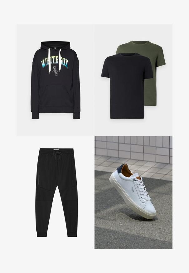 Moletom preto com bolso frontal, apresentando "WHITE SOX" em uma impressão em gradiente do azul ao verde e um logo na parte inferior da frente. Design clássico.; Duas t-shirts de gola redonda nas cores preto e verde-oliva, feitas de um tecido de algodão suave. O design é simples, com mangas curtas e corte reto.; Calças de treino pretas feitas de tecido texturizado, com uma cintura ajustável, bolso lateral com fecho e punhos afunilados.; Sapatilha de couro branco com calcanhar azul marinho, bico redondo e detalhes em castanho contrastantes. Apresenta atacadores planos e sola de borracha texturizada.