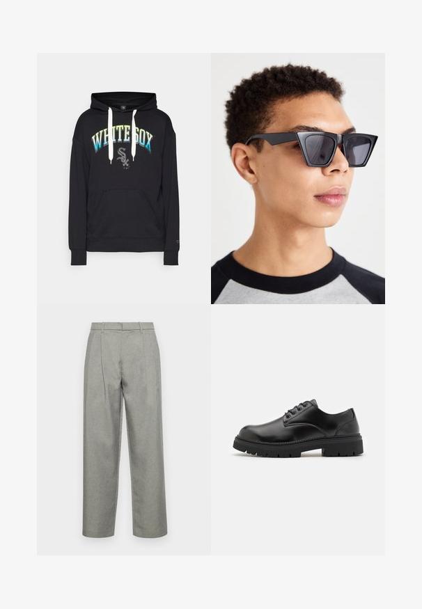 Svart hettegenser med frontlomme, prydet med "WHITE SOX" i en gradient trykk fra blå til grønn og en logo nederst foran. Klassisk design.; Grå skreddersydde bukser laget av teksturert stoff, med rett benkonstruksjon, frontfold og standard midje med beltesløyfer.; Sorte lær sko med rund tå, snøring og en tykk, teksturert gummisåle. Har søm langs kanten og en glatt overflate.; Sorte, vinklede solbriller med mørke linser, med et dristigt geometrisk design og en mat finish. Båret af en person med kort hår.