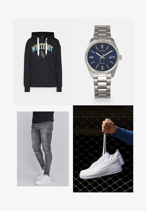 Melna kapuce ar priekšējo kabatu, kurā ir uzraksts "WHITE SOX" gradientā no zila uz zaļu un logo apakšējā priekšā. Klasisks dizains.; Tievās džinsās bālganā pelēkā denimā, kas izceļas ar nolietotām detaļām pie ceļgaliem, apvienotas ar baltām kedām. Gluda tekstūra, šaurs piegriezums.; Baltas ādas sporta apavi ar perforācijām, apaļu purngali, plakanu zoli un biezām šņorēm, ar redzamu swoosh logo un vārdu "AIR" uz papēža.; Sudraba nerūsējošā tērauda rokas pulkstenis ar tumši zilu ciparnīcu, metalizētiem stundu rādītājiem un datuma logu pie pulksten 3. Ūdensizturīgs līdz 50 metriem.
