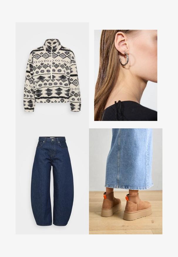 Fleece-Pullover mit hohem Kragen, auf weißem Hintergrund mit schwarzen geometrischen Mustern, einschließlich Rauten und stilisierten Formen.; Even&Odd Petite 2 PACK - Top - light grey/black; Hochtaillierte dunkelblaue Denim-Jeans mit weitem Bein, Knopf- und Reißverschluss vorne sowie klassischem Fünf-Taschen-Design.; Braune Wildleder-Plateau-Stiefel mit elastischen Seitenpaneelen und orangen Zuglaschen, kombiniert mit einem knielangen hellen Jeansrock auf einem Holzboden.; Silberne Creolen mit polierter Oberfläche, die kleine goldene Akzentdetails und eine runde Form aufweisen, am Ohrläppchen getragen.