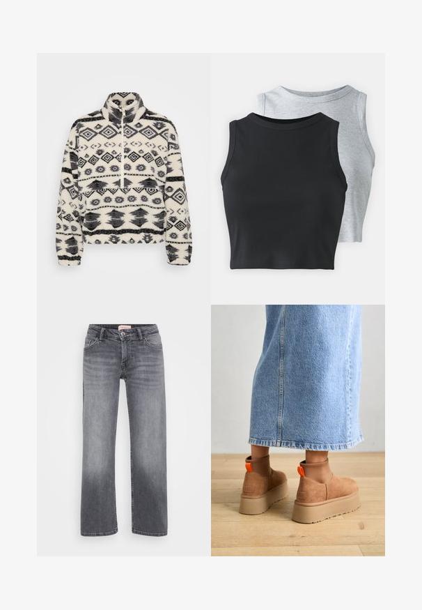 Fleece pullover met een hoge kraag, met een witte achtergrond en zwarte geometrische patronen, waaronder diamanten en gestileerde vormen.; Even&Odd Petite 2 PACK - Top - light grey/black; Grijze denim jeans met een recht gesneden ontwerp, vijf zakken stijl, subtiele vervaging en een knoopsluiting in de taille.; Bruine suède platformlaarzen met elastische zijkanten en oranje trekbandjes, gecombineerd met een lichtdenim rok tot de knie op een houten vloer.