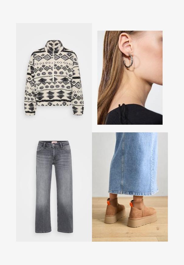 Fliisist kapuutsiga pullover, millel on valge taust ja mustad geomeetrilised mustrid, sealhulgas teemandid ja stiliseeritud kujundid.; Even&Odd Petite 2 PACK - Topp - light grey/black; Halli teksad otste kujundusega, viie taskuga stiil, kerge pleekimisega ja nööpkinnipeaga vöökoht.; Pruunid nahatooted platvormikontsad elastsete külgpaneelidega ja oranžide tõmbetuttidega, koos puusani ulatuva heleda denim-seelikuga puidust põrandal.; Hõbedane rõngas kõrvarõngas poleeritud viimistlusega, millel on väikesed kuldsed aktsendid ja ümmargune kuju, kantud lobus.