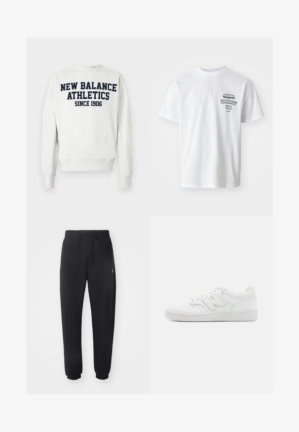 Sweatshirt cinza feito de material suave, com gola redonda, punhos canelados e uma impressão em azul-marinho em destaque de "NEW BALANCE ATHLETICS SINCE 1906" nas costas.; T-shirt branca de algodão com mangas curtas, gola redonda, e uma estampa gráfica com o texto "Carhartt WIP" e uma ilustração de comida no peito.; Calças de treino pretas feitas de material suave, com cintura elástica, cordão e punhos ajustados, apresentando um logótipo discreto na lateral.; Sapatilha branca feita de couro liso, com bico perfurado, sola de borracha texturizada, atacadores planos e um destacado logotipo 'N' na lateral.