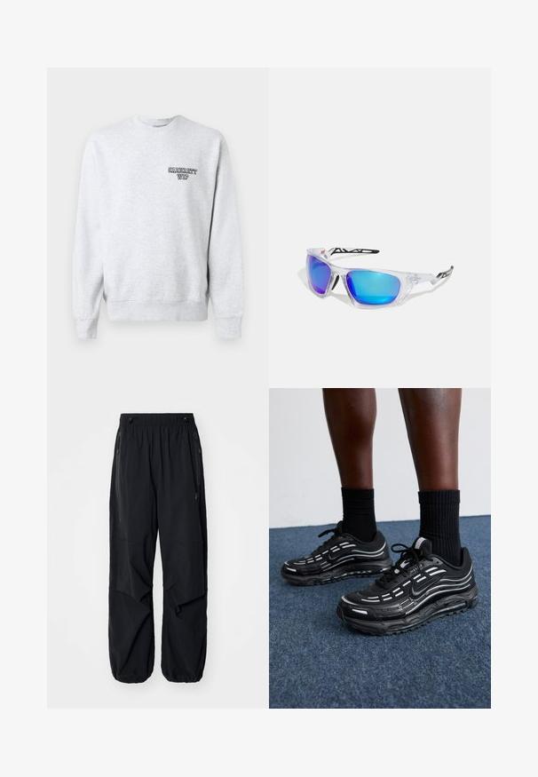 Hallhallane sviiter, millel on ümar kaelus, soonikkoes varrukad ja pits. Vasakul rinnal on väike must "Carhartt WIP" logo. Valmistatud puuvillasegust materjalist.; Mustad mustad cargo püksid elastse vöökoha, külgzippide ja avarate taskutega. Omab laia lõiget ja kitsenevaid sääreotsasid.; Mustad mustad Nike'i jalanõud on varustatud võrkstruktuuriga pealispinna, aktsenttriipude, tekstuuritud paelte ja musta kummist tallaga. Kannan mustade ribakudumiste sokkidega.; Spordiprillid selgete raamidega, siniste ja lillate peegelprillidega, nurgelise disainiga ning mustade aksentidega templites.