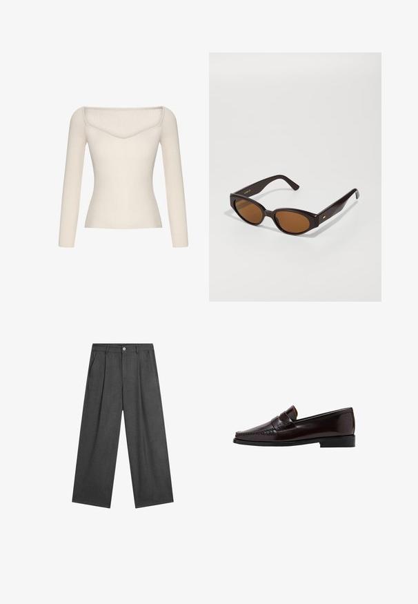 Geripptes, schulterfreies Oberteil in hellem Cremeton mit figurbetonter Silhouette und langen Ärmeln. Der V-Ausschnitt hebt das Design hervor.; Dunkelgraue, weite Hosen mit dezenten Nadelstreifen, vorderen Falten und einem einzelnen Knopfverschluss am Bund.; Brauner Lederloafer mit einer Mokassin-artigen Vorderseite, hochgezogener Naht entlang des Vamps und einer niedrigen schwarzen Gummisohle. Glatte, polierte Oberfläche.; Faux Cat-Eye Sonnenbrille mit dunkelbraunen Kunststoffrahmen und braunen Gläsern. Mit goldfarbener Logo-Detailierung an den Bügeln und glatter, glänzender Oberfläche.; Schwarze Leder-Schultertasche mit geschwungener Form, glatter Textur und einem langen, verstellbaren Riemen. Verfügt über ein dezentes Knotendetail und ein minimalistischem Design.