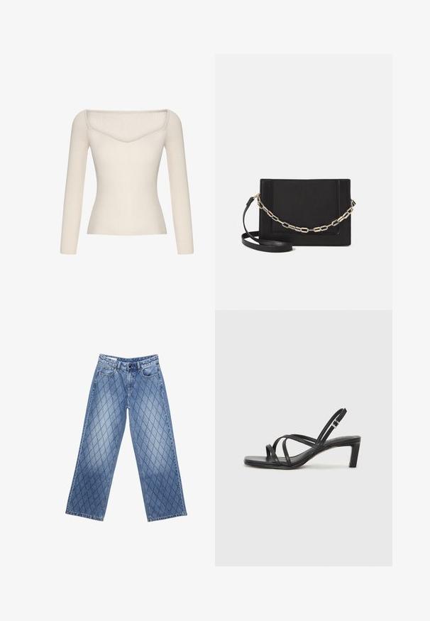Top a costine, off-shoulder, di colore crema chiaro con silhouette aderente e maniche lunghe. Scollo a V che valorizza il design.; Jeans in denim a gamba larga di colore azzurro chiaro con un motivo a diamante trapuntato, dotati di cinque tasche e chiusura con bottone in vita.; Sandalo nero con cinturini, dalla punta squadrata e tacco basso a blocco. Presenta diversi cinturini sottili e una cinturini regolabile alla caviglia. Realizzato in pelle liscia.; Borsa a tracolla nera in pelle con una texture liscia, forma rettangolare e dettaglio in catena metallica sul davanti. Inclusa una tracolla regolabile.