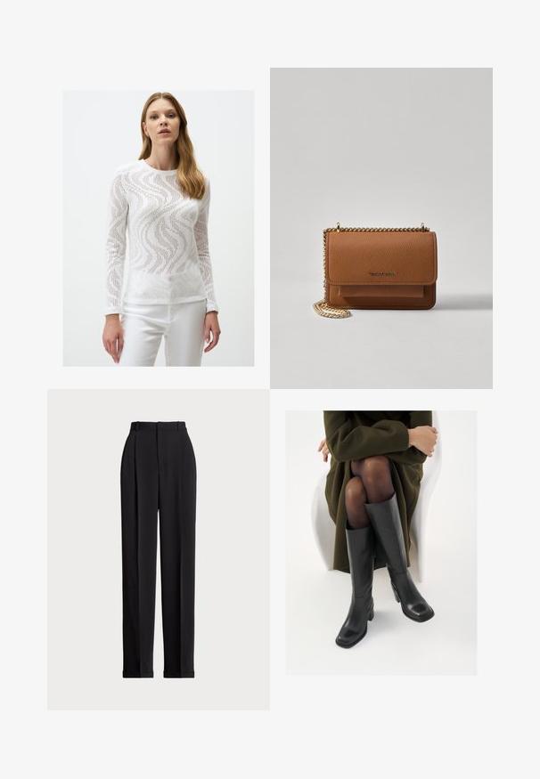 Biała bluzka z długim rękawem, ozdobiona falistym wzorem wycięć, wykonana z lekkiej dzianiny, z okrągłym dekoltem i mankietami.; Czarne dopasowane spodnie z wysokim stanem, z kantami z przodu, prostą nogawką i mankietem na dole. Wykonane z gładkiego materiału.; Kozaki skórzane do kolan w kolorze czarnym, z kwadratowym noskiem i słupkowym obcasem, pokazane na modelce siedzącej w oliwkowej zielonej kurtce. Gładka tekstura, minimalne detale.; Brązowa skórzana torba na ramię z teksturą, z złotym łańcuszkiem i zapięciem na klapkę. Z przodu znajduje się detal z logo oraz kieszeń pod klapką.