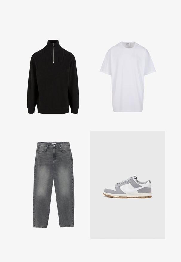 Czarny sweter z golfem, z dzianiny prążkowanej, z półsuwnym zamkiem, długimi rękawami i luźnym krojem. Teksturowana dzianina w jednolitym kolorze.; Biała bawełniana koszulka z krótkimi rękawami, okrągłym dekoltem, luźnym krojem i bez widocznych logo lub wzorów. Gładka tekstura i minimalistyczny design.; Jeansy z wysokim stanem, luźne, w wyblakłym czarnym deninie. Posiadają pięć kieszeni, szlufki na pasek oraz prosty, klasyczny krój nogawek.; Sneakersy Nike mają szarą cholewkę z zamszu i białej skóry z perforacjami, okrągłe sznurowadła oraz gumową podeszwę zapewniającą przyczepność.