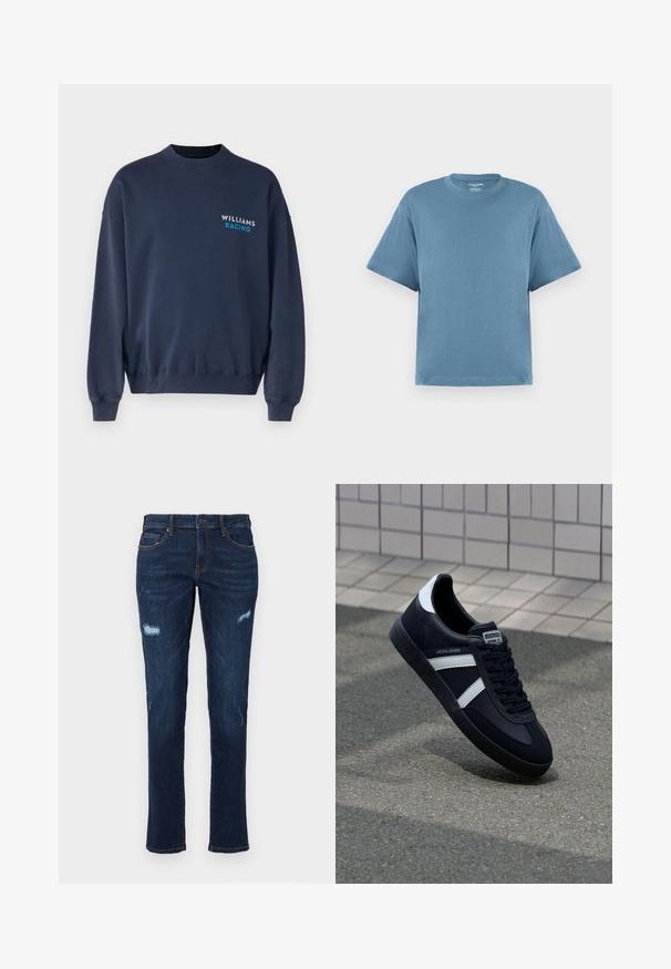 Abercrombie & Fitch WILLIAMS niebieski; Niebieska koszulka z krótkim rękawem, wykonana z bawełny, z klasycznym dekoltem i luźnym krojem. Gładka faktura, minimalistyczny design, bez wzorów i akcentów.; Granatowe dżinsy z prostym krojem, z podartymi przetarciami na kolanach, tradycyjnymi kieszeniami i widocznymi kontrastującymi szwami.; Czarne skórzane sneakersy z białymi paskami, teksturowana gumowa podeszwa i sznurowane z przodu. Posiadają metkę marki na języku.