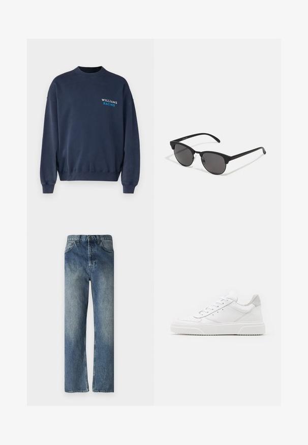 Abercrombie & Fitch WILLIAMS - Sweatshirt - mood indigo; Jeans en denim bleu avec une coupe droite, présentant un délavage, des passants de ceinture, des poches avant et une seule poche arrière.; Des baskets en cuir blanc avec une finition lisse, un bout rond, des lacets plats et une semelle texturée. Accents en daim gris au niveau du talon.; Lunettes de soleil noires avec des verres ronds, finition mate et une forme distinctive en œil de chat. Monture fine avec un logo discret sur la branche gauche.