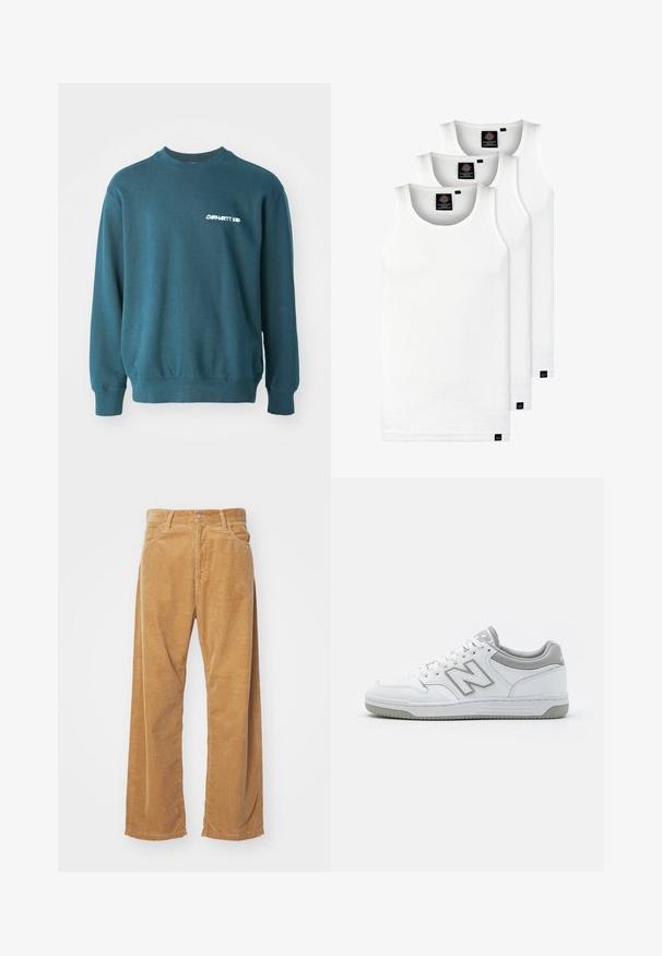 Temno zeleni pulover iz mešanice bombaža. Ima ribane manšete in spodnji rob ter bel logo "Carhartt WIP" na levem prsnem delu. Preprost dizajn.; Tri bele rebraste majice brez rokavov iz bombaža. Imajo okroglo izreza in majhne črne etikete blizu roba. Na voljo v več velikostih.; Kordna široke hlače v tan barvi. Imajo teksturirane, vertikalne reške, standarden pas in dva sprednja žepa.; Bele superge iz bele usnja z sivimi elementi, z luknjasto prednjo stranjo, ravnimi vezalkami in vzorčastim podplatom. Na strani je logo New Balance.