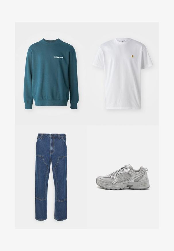 Tmavě modrý sweatshirt z bavlněné směsi. Obsahuje žebrované manžety a lem, s bílým logem "Carhartt WIP" na levé části hrudi. Jednoduchý design.; Bílé bavlněné tričko s krátkým rukávem a kulatým výstřihem, s malým zlatým logem na levé straně hrudi. Měkká textura a klasický střih.; Modré džíny z denimu s rovnými nohavicemi, předními náprsními kapsami a kontrastními stehy. Tkanina má klasickou texturu a povrchovou úpravu.; Stříbrná sportovní obuv s elegantním designem, síťovinovými panely, polstrovaným jazykem, texturovaným syntetickým svrškem a gumovou podrážkou pro ochranu proti skluzu.