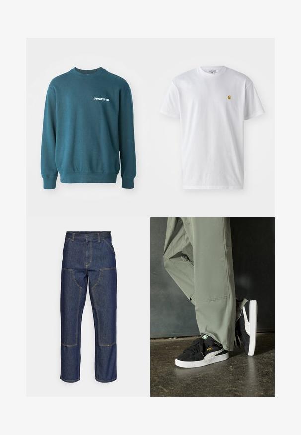 Felpa di un verde scuro realizzata in misto cotone. Presenta polsini e orlo a coste, con il logo bianco "Carhartt WIP" sul lato sinistro del petto. Design semplice.; T-shirt bianco in cotone con maniche corte, con colletto girocollo, caratterizzato da un piccolo logo dorato sulla parte sinistra del petto. Tessuto morbido e vestibilità regolare.; Jeans in denim blu scuro con vita alta, design a gamba dritta, cuciture a contrasto e tasche applicate sulla parte frontale.; Sneaker in suede nero con suole in gomma bianca e strisce laterali, abbinate a pantaloni cargo verde chiaro, in piedi su una superficie scura e texture.