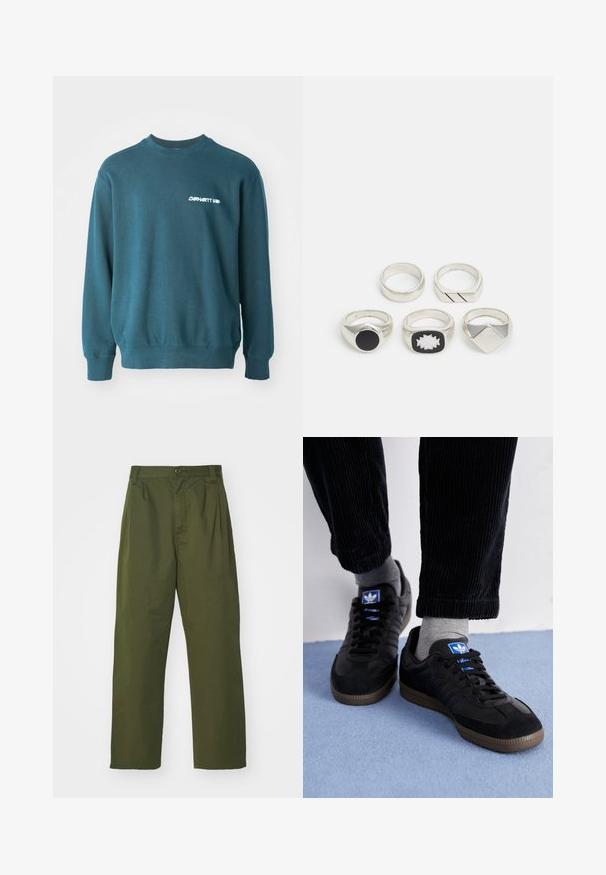 Mørk teal genser laget av bomullsmiks. Har ribbede mansjetter og nederkant, med en hvit "Carhartt WIP"-logo på venstre bryst. Enkelt design.; Olivenfargede, høy midje-bukser med rette bein. Laget av et lett stoff, med frontfolder og knappelukking.; Sorte joggesko laget av semsket skinn og lær, med en blå logo og brun gummisåle. Paret med grå sokker og kordfløylebukser.; Fem sølvringer: en med et svart sirkulært detalj, en med et hvitt og svart geometrisk mønster, og de andre med forskjellige former og overflater.