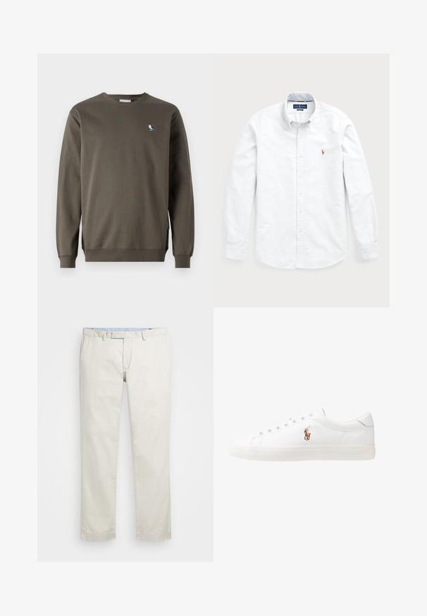 Hallhallane puuvillane krae sweatshirt hallis, mille vasakul rinnal on väike sinine ja valge linnu tikand ning soonikkoes varrukad.; Valge pikasa sleeves, nupuga särk, mis on valmistatud puuvillast. Omab laia kraed, nupuga kinnitust ja rinna piirkonnas väikest tikkimist logoga.; Beeži puuvillased chinosid, millel on lame eesosa, vöökohataod ja küljetaskud. Sirge jalgade disain sujuva tekstuuriga ja kerge, hingava tunnetusega.; Valged nahast tossud, madala ülaservaga disain, millel on sile tekstuur, ümar varvas, nööridega esiosa ja väike tikand logoga küljel.