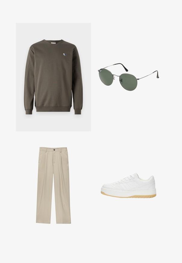 Sivi crewneck pulover iz bombaža, z majhnim modrim in belim vezenjem ptice na levem prsnem delu in rebrastimi manšetami.; Bela polo majica iz bombaža, z klasičnim ovratnikom, kratkimi rokavi in majhnim mornarsko modrim logotipom na levem prsnem delu. Dvoklik sistem.; Bež hlače ravnega kroja, z enim črnim gumbom, zanke za pas in stranskimi žepi. Gladka tekstura tkanine in minimalističen dizajn.; Beletena usnjena športna obutev z teksturiranim zaključkom, ki vsebuje gumijast podplat, vezalni dizajn in subtilne črtne akcentne na straneh.; Sončna očala z ovalnimi zelenimi lečami v kovinskem okvirju. Tanjši srebrni kovinski okvir in črne ušesne konice. Minimalistična zasnova, brez vidnih logotipov.