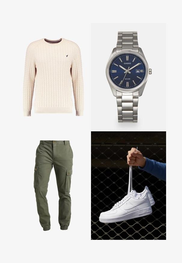 Cremefarvet kabelstrikket sweater med lange ærmer og rund hals. Har ribbede manchetter og kant, samt et lille broderet logo på brystet.; Olivenfarvede cargo bukser med elastiske manchetter, flere sidelommer, knaplukning og et slidstærkt bomuldsmateriale. Glat tekstur.; Hvide lædersneakers med perforeringer, rund tå, flad sål og tykke snørebånd, med et synligt swoosh-logo og "AIR" på hælen.; Sølv rustfrit stål urrem med en marineblå urskive, metallic timemarkører og et datovindue kl. 3. Vandafvisende op til 50 meter.