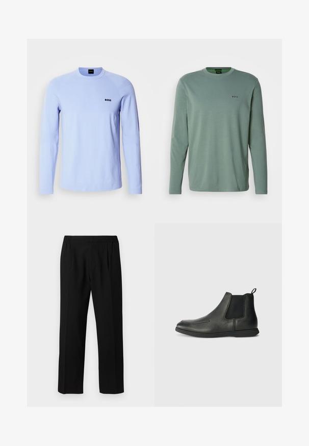 Svetlo modra dolga majica iz mehkega materiala, ki ima okroglo ovratnico, rebraste manšete in majhen črni logotip "BOSS" na prsih.; Svetlo zelena dolga majica z dolgimi rokavi, izdelana iz mehkega blaga. Ima okrogel izrez in majhen izvezen logotip "BOSS" na prsih.; Črne hlače iz gladkega materiala, z elastiko v pasu, ravnim krojem nog in dvema prednjima pregiboma za dodaten poudarek.; Črne usnjene gležnjarje z gladko teksturo, elastičnimi stranskimi paneli in zanko na zadnji strani. Okrogla konica in gumijast podplat.