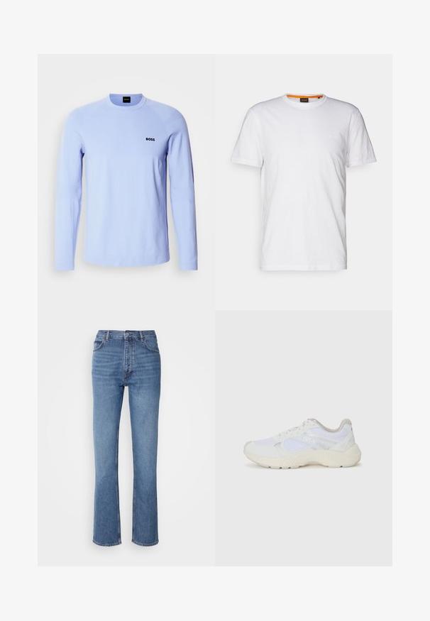 Lichtblauw sweatshirt met lange mouwen van zacht materiaal, voorzien van een ronde hals, geribbelde manchetten en een klein zwart "BOSS" logo op de borst.; Witte katoenen T-shirt met ronde hals, korte mouwen en een subtiel reliëflogo op de borst. Het binnenlabel heeft een oranje accent.; Blauwe denim jeans met een hoge taille, een recht pasvorm en subtiele vervaging. Kenmerkt zich door de klassieke vijf-pocketstijl en een ritssluiting.; Witte sportief schoenen van mesh en suede, met een gestructureerde tussenzool, gestructureerde accenten en het "HUGO" logo aan de zijkant.