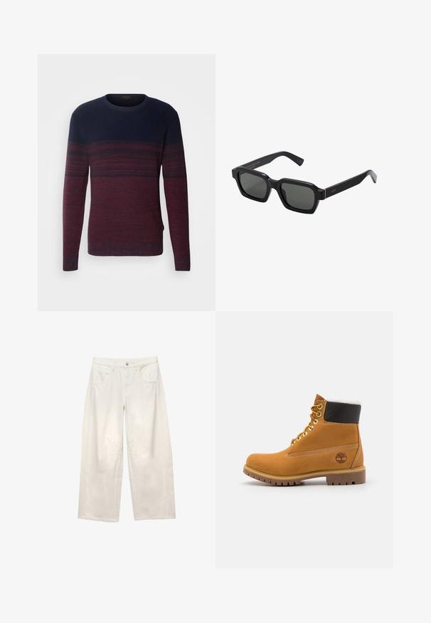 INDICODE JEANS Striktrøje - russet; Hvide denim bukser med vidde og høj talje, fremadskuende lommer og synlige stikninger. Stoffet har en glat tekstur og struktureret form.; Brune læder ankelstøvle med metaløjer, hvid pelsforing, sort polstret krave, robust sål og præget logo på siden.; Sorte, firkantede solbriller med grå linser. Tykt plastisk stel med guld detaljer og branding på stangen. Glat tekstur.; Guld ring med en glat, poleret overflade og en firkantet top. Designet har rene linjer og en tyk band, der skaber en moderne æstetik.