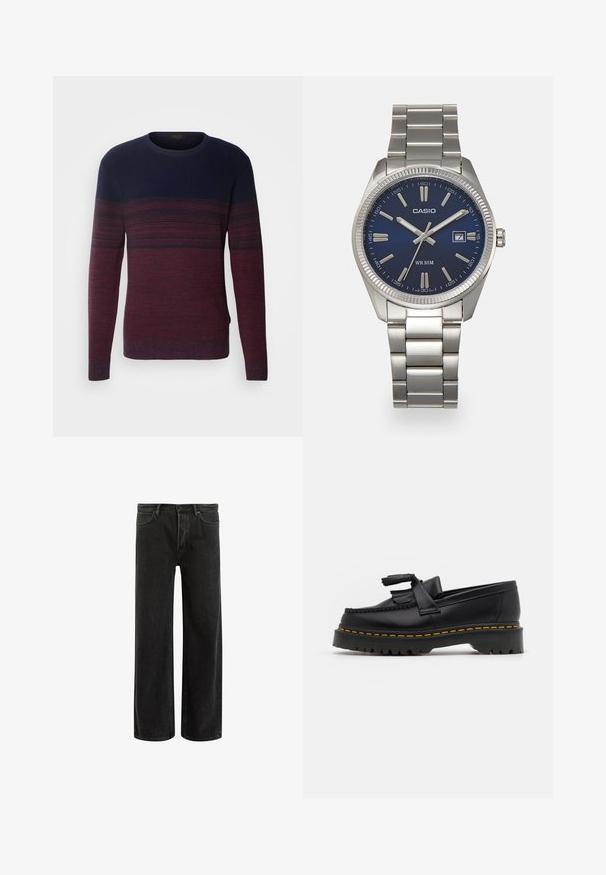 INDICODE JEANS Jumper - russet; Black denim wide-leg jeans with a high waist, featuring classic five-pocket design, and subtle fading for a textured appearance.; Black leather loafer with a tasseled accent, featuring a chunky black sole and yellow stitching along the edge. Textured finish.; Silver stainless steel wristwatch with a navy blue dial, metallic hour markers, and a date window at 3 o'clock. Water-resistant to 50 meters.