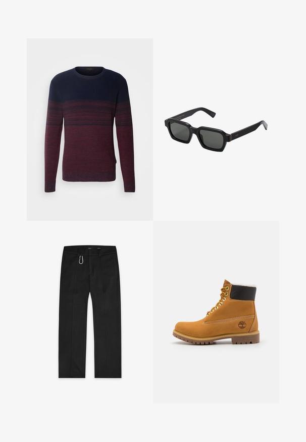 INDICODE JEANS Jumper - russet; Black trousers made from woven fabric, featuring a straight-leg design, two side pockets, a front zipper, and an exterior loop detail.; Brown leather ankle boot with metal eyelets, white fur lining, black padded collar, rugged sole, and embossed logo on the side.; Black, square-shaped sunglasses with gray lenses. Thick plastic frames feature gold accents and branding on the temple. Smooth texture.