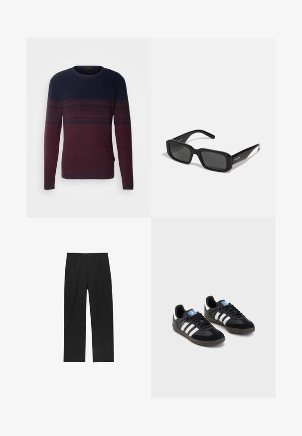 INDICODE JEANS Maglione - russet; Pantaloni neri con un design a gamba dritta, realizzati in un tessuto liscio. Presentano pieghe frontali e una chiusura a un bottone in vita.; Sneakers neri con tomaia in suede e materiale sintetico, caratterizzati da tre strisce bianche, suola in gomma testurizzata e etichetta blu sul linguetta.; Arnette THEKIDD UNISEX - Occhiali da sole - black