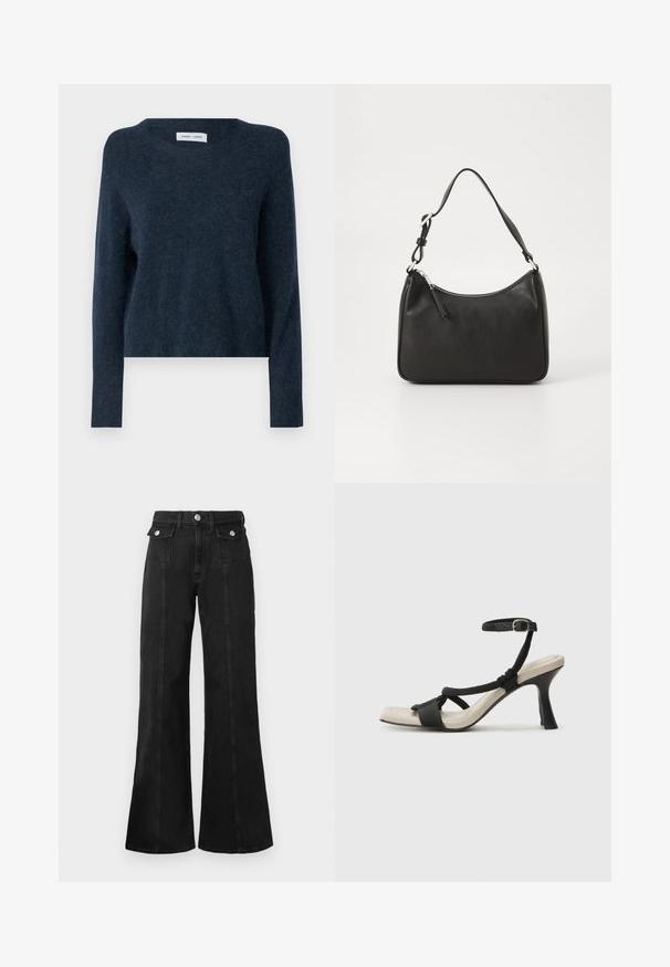 Pull bleu marine, fabriqué dans un matériau doux, présente un col rond, des manches longues et une coupe décontractée avec une texture minimale.; Jeans en denim noir évasés avec une taille haute, dotés de deux poches avant, d'une quincaillerie en ton argent et de coutures visibles le long de l'avant.; Sandale à talon noir avec un design de brides tressées, bout carré et bride de cheville réglable. Semelle intérieure beige claire avec un talon noir brillant.; Sac à main en cuir noir avec une forme courbée, une seule sangle, fermeture éclair et un logo discret à l'avant. Texture lisse, design minimaliste.