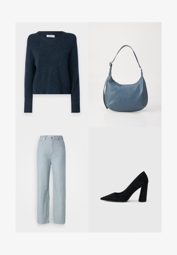Pullover azul-marinho, feito de material suave, apresenta um decote redondo, mangas longas e um ajuste descontraído com textura mínima.; Calças de ganga azul-claro de perna reta. Apresentam cinco bolsos, fecho com botão metálico e um leve efeito de desgaste para adicionar textura.; Sandalha preta de camurça de salto alto com bico afunilado e salto robusto. Design elegante, textura suave e estilo minimalista. Sem marcas visíveis.; Bolsa de couro azul com formato arredondado, alça única para o ombro, fecho em zíper e nome da marca em relevo na parte da frente. Textura suave.