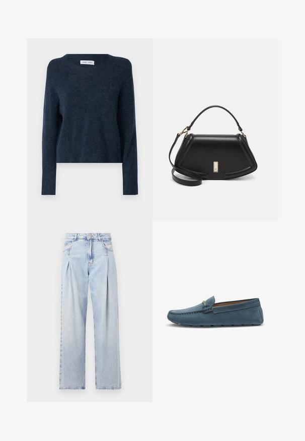 Pull bleu marine, fabriqué dans un matériau doux, présente un col rond, des manches longues et une coupe décontractée avec une texture minimale.; Jeans en denim bleu clair avec taille haute, coupe large, deux poches latérales et design plissé. Texture douce avec une finition décolorée.; Mocassins en suede bleu avec une semelle plate, présentant un design cousu le long des bords et un accent métallique décoratif à l'avant.; Sac à main en cuir noir avec un design structuré, featuring une forme cropped, une poignée supérieure et des accents en matériel doré. Bandoulière réglable incluse.