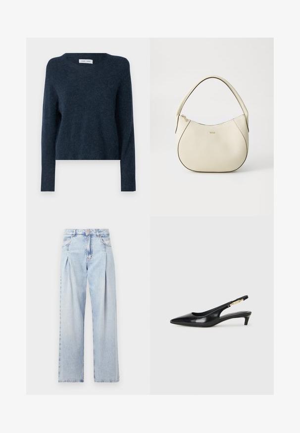 Pulover bleumarin, fabricat dintr-un material moale, prezintă un guler rotund, mâneci lungi și o croială lejeră cu textură minimă.; Jeans din denim albastru deschis cu talie înaltă, croială evazată, două buzunare laterale și un design pliat. Textură moale cu un finisaj decolorat.; Sandale slingback din piele neagră cu vârf ascuțit, având un toc subțire și un accent de culoare aurie pe curea ajustabilă. Textură netedă.; Geantă de mână de culoare crem, cu un finisaj texturat, formă curbată, mânere scurte și detalii cu logo auriu. Închidere cu fermoar în partea de sus.