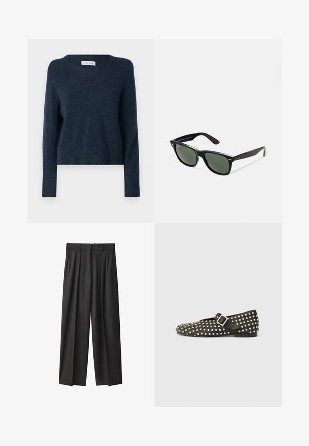 Tmavě modrý svetr, vyrobený z měkkého materiálu, má kulatý výstřih, dlouhé rukávy a uvolněný střih s minimální texturou.; Černé, široké kalhoty z hladké tkaniny. Mají vysoký pas, poutka na opasek a přední sklady pro přidanou strukturu.; Černé ploché boty vyrobené z kůže, zdobené kovovými cvočky a boční sponou. Design zahrnuje špičatou špičku a texturovaný povrch.; Černé plastové sluneční brýle se zelenými skly, čtvercové obroučky, stříbrný detail na obočí a texturované stranice. Značka uvedená na vnitřní straně stranic.