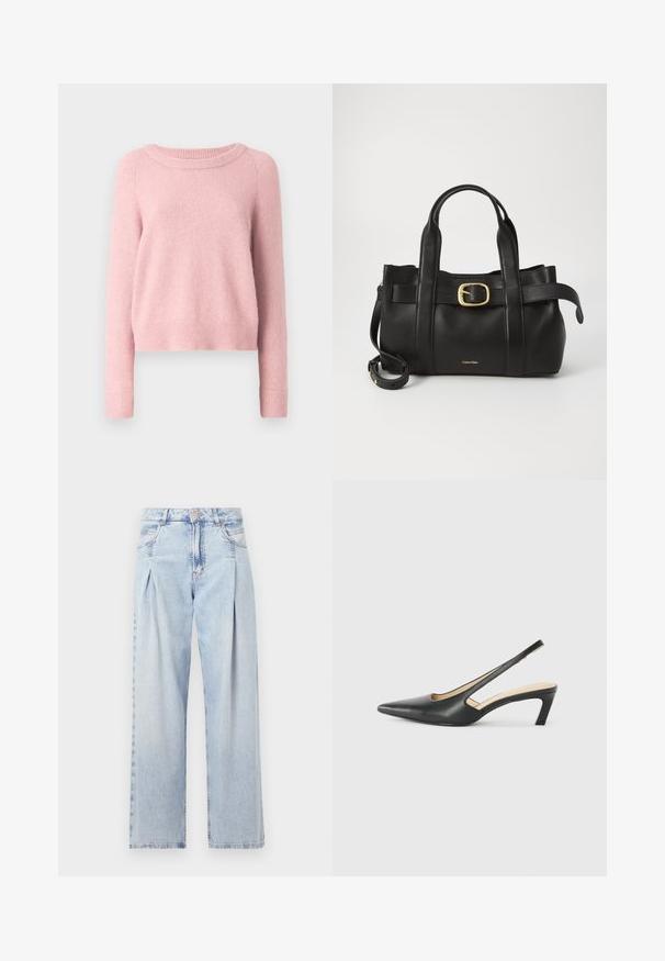 Helle rosa Strickjacke mit rundem Ausschnitt, langen Ärmeln und gerippten Bündchen und Saum. Weiche Textur, kurzes Design. Keine sichtbaren Muster.; Helle blaue Denim-Jeans mit hoher Taille, weitem Beinschnitt, zwei seitlichen Taschen und gefaltetem Design. Weiche Textur mit einem ausgebleichten Finish.; Schwarzer spitz zulaufender Slingback-Schuh mit niedrigem Absatz, der aus glattem Leder gefertigt ist und seitliche Ausschnitte für Atmungsaktivität aufweist.; Schwarze Lederhandtasche mit strukturiertem Design, doppelten oberen Griffen, goldfarbenem Schnallenakzent und geprägtem Markenlogo auf der Vorderseite.