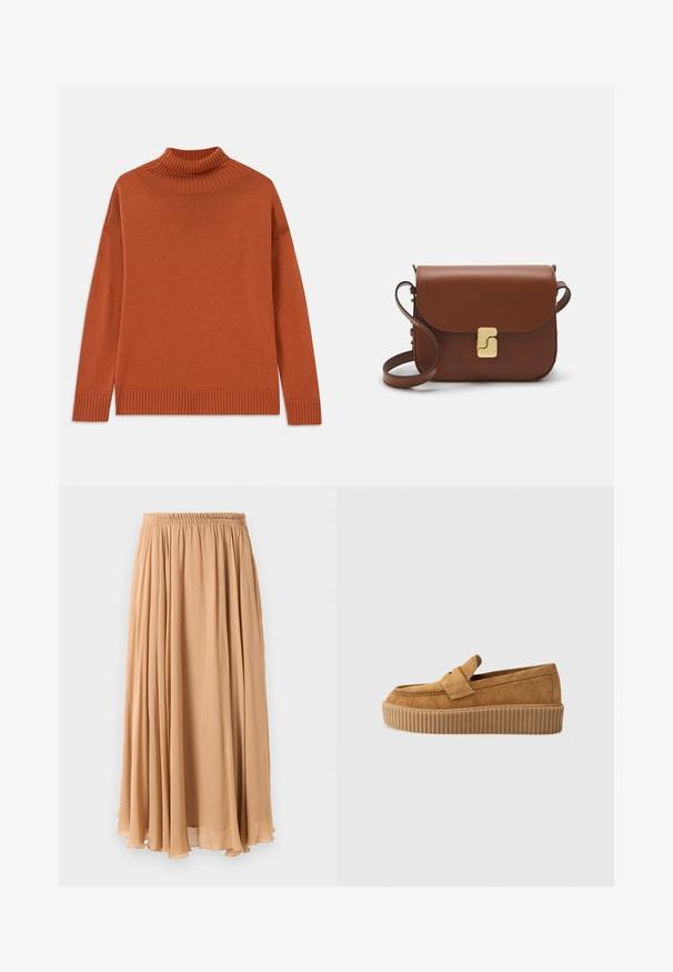 Turtleneck sweater i brændt orange, lavet af blødt strikket stof. Har en ribbet krave og kant, med en afslappet silhuet og lange ærmer.; Maxi nederdel i lys beige, lavet af let stof. Har en indsamlet elastisk talje og bløde pliser for bevægelse.; Brune ruskinds loafers med rund tå, der har en ribbet platformssål og et dekorativt bånd henover overdelen.; Brun læder håndtaske med flaplukning, hardware i gyldent tone, en skulderrem og en glat overflade. Kompakt rektangulær form.