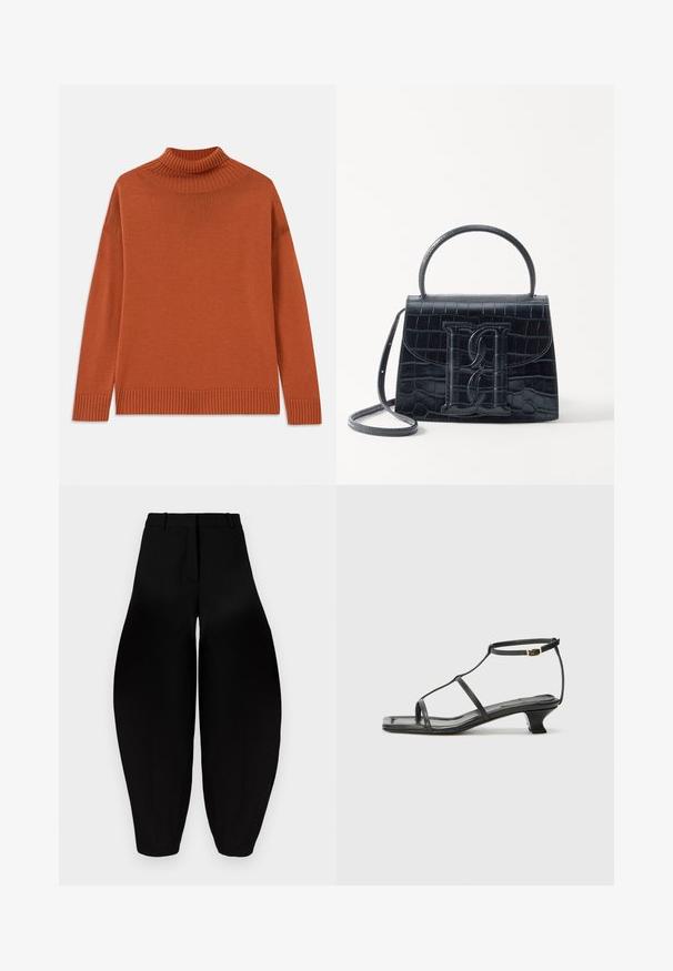 Sveter s rolákom v spáleno-oranžovej farbe, vyrobený z mäkkej pleteniny. Má rebrovaný golier a lem, uvoľnený strih a dlhé rukávy.; Čierne široké nohavice s vysokým pásom, skladaným predným dielom a užšími členkami. Vyrobené z hladkej látky s matným povrchom.; Čierna kožená sandála so štvorcovou špičkou, tenkými popruhmi, nastaviteľným pásikom okolo členka a nízkym podpätkom. Obsahuje malý zlatý akcent na popruhu.; Čierna kabelka z krokodílovej embosovanej kože so štruktúrovaným dizajnom, horným uchom, nastaviteľným popruhom a výrazným predným logom.