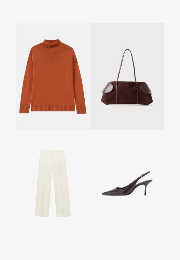 Turtleneck sweater i brændt orange, lavet af blødt strikket stof. Har en ribbet krave og kant, med en afslappet silhuet og lange ærmer.; Bredbenede bukser i en lys cremefarve. Fremstillet af et glat stof med plisseringer foran og sidelommer.; Spidse tå slingback hæle i mørkebrunt patentlæder, med en slank høj hæl og en justerbar ankelrem med spænde.; Brun ruskinds taske med læderdetaljer, struktureret form, dobbelte skulderstropper og afrundede kanter, som har en glat tekstur og minimal hardware.