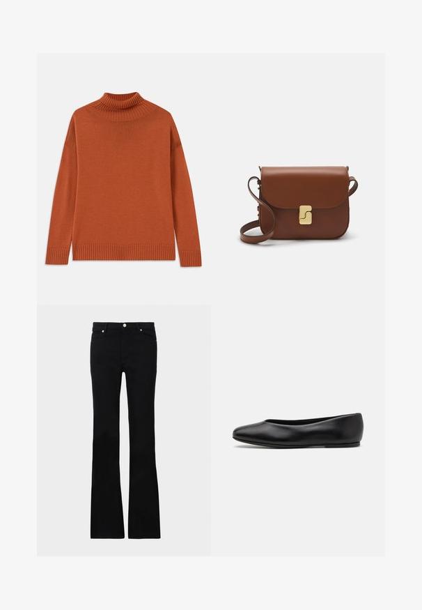 Maglione a collo alto in arancione bruciato, realizzato in morbido tessuto a maglia. Presenta un colletto e un orlo a coste, con una silhouette rilassata e maniche lunghe.; Jeans neri svasati in denim, dotati di due tasche anteriori, chiusura con bottone e una texture liscia. Cuciture iconiche visibili nei punti di giuntura.; Paul Smith TOPANGA - Ballerine - black; Borsa a tracolla in pelle marrone con chiusura a pattina, hardware color oro, tracolla e una finitura liscia. Forma rettangolare compatta.