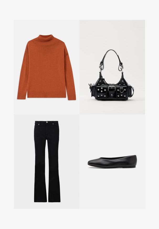 Paita turtleneck värissä poltettu oranssi, valmistettu pehmeästä neuloksesta. Siinä on ribbireunus kauluksessa ja helmassa, rento siluetti ja pitkät hihat.; Mustat levenevät farkut, valmistettu denimi- materiaalista, varustettu kahdella etutaskulla, napin sulkimella ja sileällä pinnalla. Alussa näkyviä erityisompeleita.; Paul Smith TOPANGA - Ballerinat - black; Musta nahkainen käsilaukku, jossa on kaareva muotoilu, hopeiset niitit, solki ja kaksi sivutaskua. Säädettävä olkahihna erilaisiin kantovaihtoehtoihin.