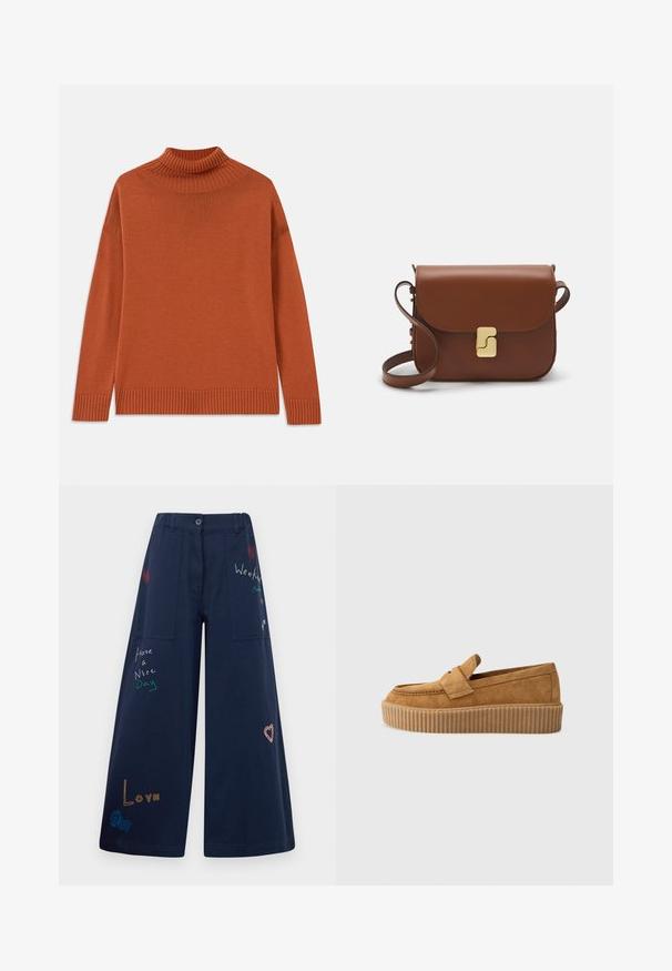 Pull à col roulé en orange brûlé, fabriqué en tricot doux. Caractéristiques : col et ourlet côtelés, silhouette décontractée et manches longues.; Pantalon large en coton bleu marine avec plusieurs poches. Présente un texte et des graphiques colorés brodés, y compris des cœurs et des phrases ludiques.; Mocassin en daim brun à bout rond, avec une semelle plateforme striée et une bande décorative sur le dessus.; Sac à main en cuir marron avec une fermeture à rabat, des accents en métal doré, une bandoulière et une texture lisse. Forme rectangulaire compacte.
