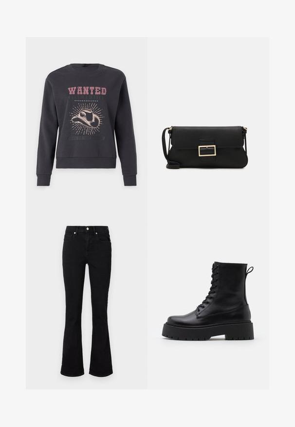 JDY PARIS EMB RS NOOS - Sweatshirt - phantom; Black flared jeans made of denim, featuring a mid-rise waist, front pockets, and button closure. Smooth texture with minimal stitching details.; Black leather ankle boots with a round toe, lace-up front, and a thick rubber sole featuring a textured tread. Pull tab at the back.; Black leather clutch bag with a flap and a gold metal buckle detail. Includes a black strap and a sleek, minimalist design.; Gold-colored hoop earrings, thin and round in shape, with a smooth metallic finish and no embellishments or patterns.