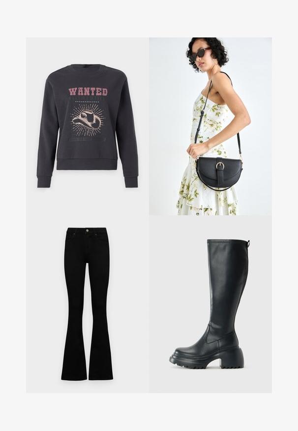 JDY JDYPARIS EMB NOOS - Camisola - phantom; Jeans pretos de cintura alta com fecho de botão e zíper, bolsos frontais e pernas largas dispostos em cima de um fundo branco.; Bota preta de couro alta com sola de plataforma robusta e salto bloco, apresentando puxador e padrão texturizado na sola.; Bolsa de couro preta com forma curva, alça destacável e detalhes em dourado. A bolsa possui uma aba com detalhe de fivela.