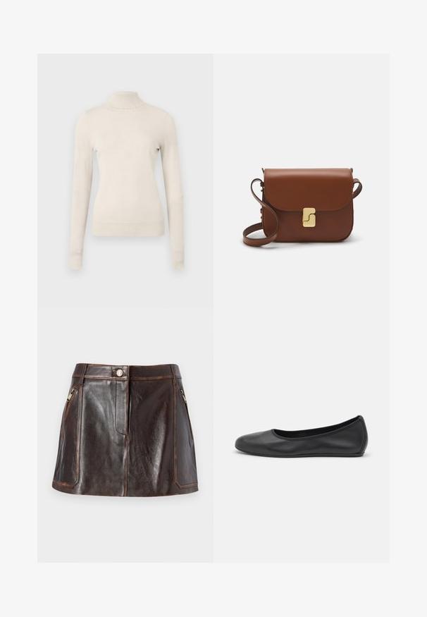 Maglione a collo alto di un beige chiaro realizzato in un morbido tessuto knit, con maniche lunghe e un delicato dettaglio di ruches sul collo.; Mini gonna in pelle marrone con un design elegante, due tasche laterali con zip e cuciture a contrasto lungo i bordi.; Pantofole da balletto nere in pelle con punta arrotondata, texture liscia, dettagli di cucitura minimi e design con suola flessibile.; Borsa a tracolla in pelle marrone con chiusura a pattina, hardware color oro, tracolla e una finitura liscia. Forma rettangolare compatta.