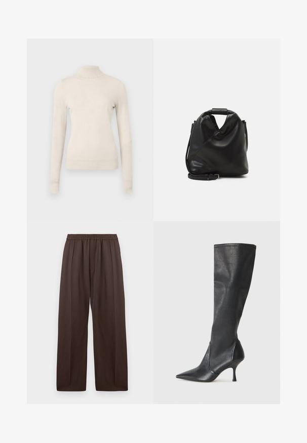 Vaaleanbeige poolopaita, joka on valmistettu pehmeästä neuleesta ja jossa on pitkät hihat sekä herkkä röyhelöyksityiskohta kauluksessa.; Ruskeat leveälahkeat housut, joissa on joustava vyötärö ja hillityt etu laskokset, aseteltuna tasaisesti valkoista taustaa vasten.; Polvisuuriset mustat nahkasaappaat, joissa on terävä kärki ja hoikka stiletto-korko. Silkkinen pinta, tiukka muotoilu ja ompeleet yläreunassa.; Mustan, pehmeän nahkabagin ainutlaatuinen kierretty muotoilu. Varustettu lyhyellä kahvalla ja irrotettavalla olkahihnalla. Minimalistinen tyyli.