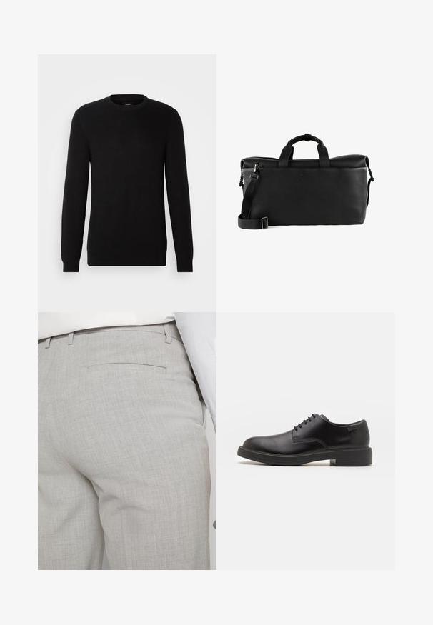 Schwarzer, gerippter Strickpullover mit Rundhalsausschnitt und langen Ärmeln. Das Material wirkt weich mit einer strukturierten Oberfläche und eignet sich gut für legere Anlässe.; Hellgraue, maßgeschneiderte Hose aus strukturiertem Stoff, mit einer einzelnen Gesäßtasche und sauberer Nahtführung.; Schwarzer Leder-Schnürschuh mit abgerundetem Zeh, glatter Textur, minimaler Naht und niedrigem Gummiabsatz. Logo auf der Ferse.; Schwarze Ledertasche mit strukturiertem Oberflächen, doppelten Griffen, verstellbarem Schultergurt und Reißverschluss oben. Schlichte Logoschrift auf der Vorderseite.