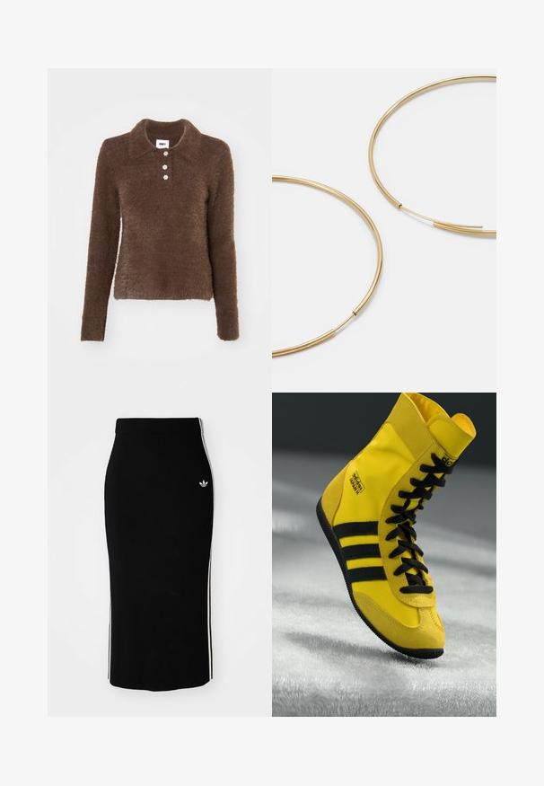 Rudas pūkuotas ilgomis rankovėmis megztinis su apykakle ir trimis kreminės spalvos sagomis, pasižymintis minkšta tekstūra ir prigludusia siluetu.; Juoda vagota midi sijonas su prigludusia dizaine, su baltomis šoninėmis juostelėmis ir mažu baltu emblema kairėje pusėje.; Aukšti sportbačiai, pagaminti iš geltonos sintetinės medžiagos, su juodais raišteliais, trimis juodomis juostelėmis ir logotipu šone. Raštuota guminė padanga.; Aukso spalvos žiedo auskarai, ploni ir apvalūs, su lygiu metaliniu paviršiumi be papuošimų ar raštų.