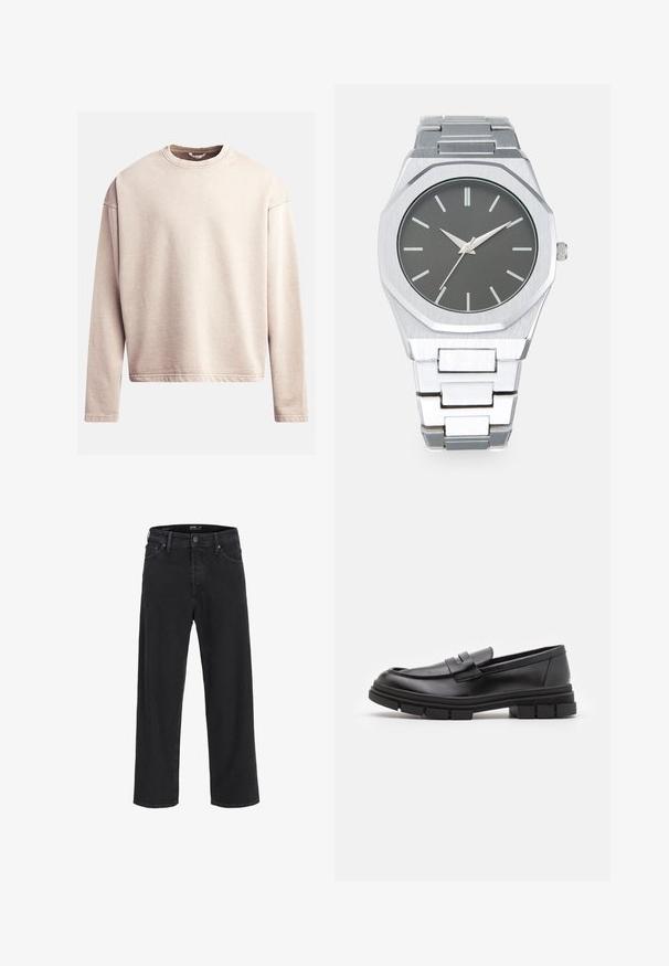 Hele beež värviga dressipluus, millel on ümar kaelus, pikad varrukad ja lõdva lõige. Siledast kangast, nähtavad õmblused hemmi ja varrukaotste ääres.; Mustad sirgedega teksapüksid, millel on nööp ja lukuga sulgemine, vöökohaga silmad ning ees- ja tagataskud.; Mustad musta naha sussid sujuva viimistlusega, esiosal rihmaga detail ning paksu kummitaldaga, mis on kaunistatud soontega.; Hõbedane analoogkell, millel on oktagonaalne korpus, hall kelladial, hõbedased näidikud ja roostevabast terasest link-rihm. Minimalistlik disain sujuva tekstuuriga.