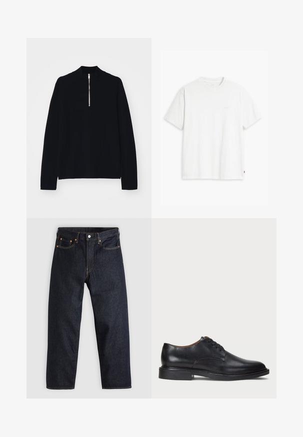 Crna dugih rukava majica od mekanog materijala, sa visokim ovratnikom i polu-zatvaračem sprijeda, koja ima opušteni kroj.; Bijela pamučna majica kratkih rukava, s okruglim izrezom i suptilno otisnutim Levi's logotipom u sredini. Mekana tekstura i standardni kroj.; Tamno plave traperice ravnog kroja, s pet džepova, kontrastnim narančastim šavovima i dugmetom za zatvaranje. Nema vidljivih uzoraka ili ukrasa.; Crne kožne cipele s okruglim vrhom, vezanjem i niskim stogom. Glatka tekstura s minimalnim šavovima.