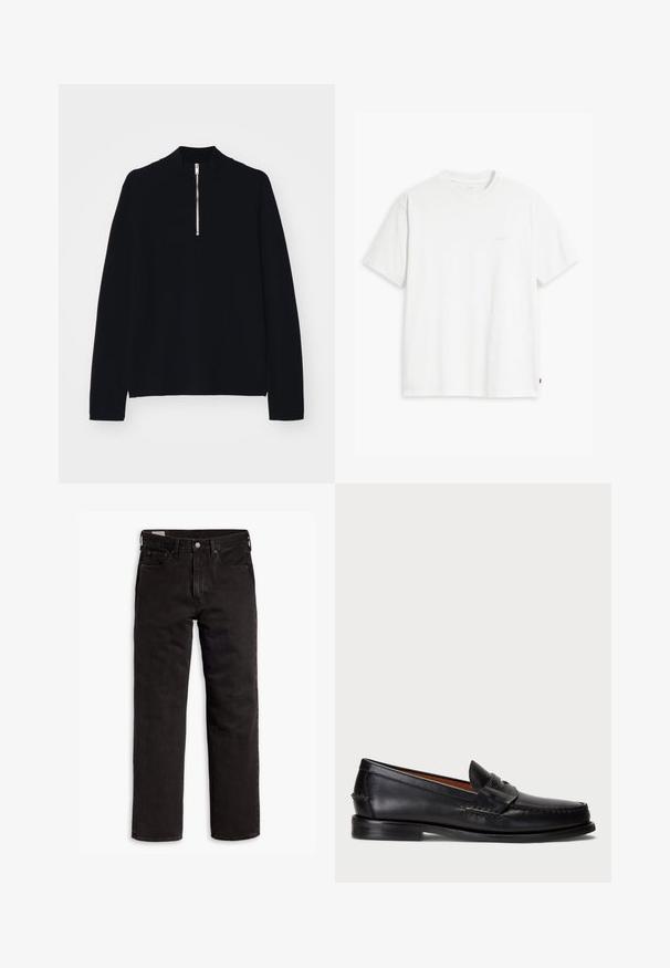 Haut noir à manches longues en matériau doux, avec un col montant et une fermeture éclair mi-haut à l'avant, d'une coupe décontractée.; T-shirt en coton blanc à manches courtes, col rond, avec un logo Levi's discret imprimé au centre. Texture douce et coupe standard.; Jean en denim noir à jambes droites avec cinq poches, fermeture à bouton et passants de ceinture, posés à plat sur un fond blanc.; Mocassin en cuir noir avec un bout arrondi, des détails cousus et une sangle décorative à l'avant. Semelle plate avec un profil minimal.