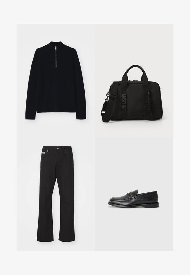 Top nero a maniche lunghe realizzato in un materiale morbido, con un colletto alto e una mezza zip sul davanti, dal taglio rilassato.; Pantaloni neri in cotone con design a gamba dritta, dotati di chiusura frontale con bottone, due tasche laterali e una piccola etichetta del marchio sulla cintura.; Mocassini in pelle nera con punta rotonda, dettagli cuciti e una piccola accentuazione dorata sul davanti. La suola è piatta e discreta.; Borsa di tessuto nera con doppio manico e tracolla removibile. Presenta un logo in rilievo e un'etichetta in pelle. Texture liscia, forma rettangolare.